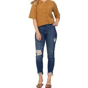 Judy Blue Womens Mid Rise Shark‎ Bite Frayed Hem Slim Fit Jeans 16W Nwt
